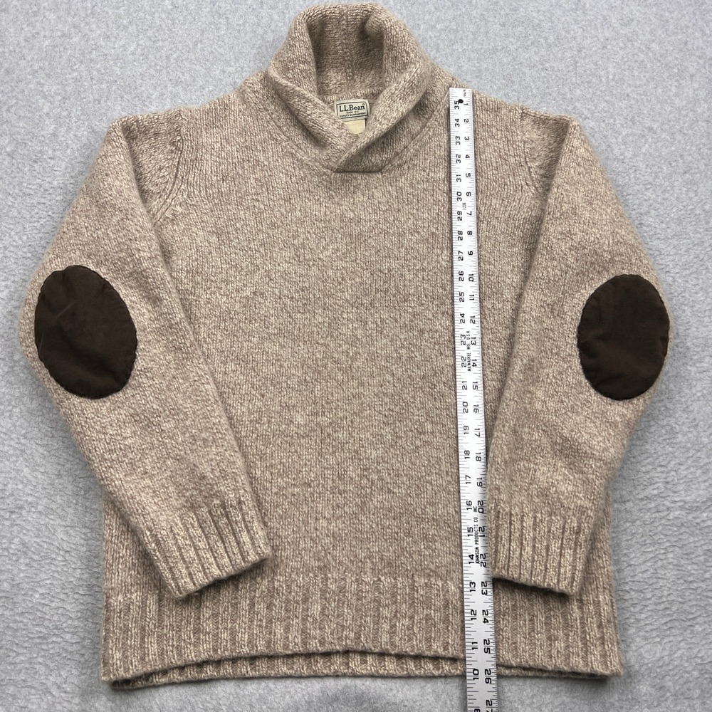 LL Bean Sweater Mens Large Beige 100% Lambswool Shawl Neck Elbow Patch Pullover - Picture 4 of 10